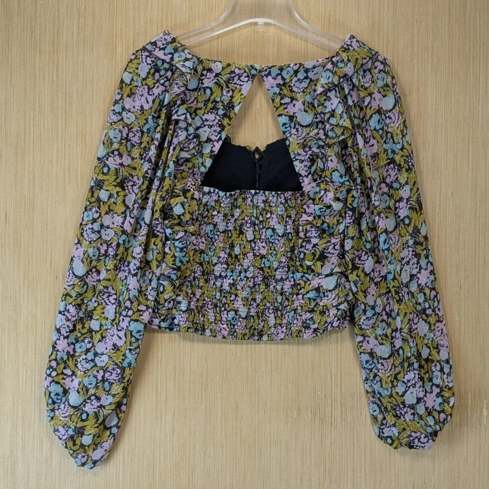Free People Boho Fairy Grunge Floral Smocked Cutout Crop Top Long Sleeve Small